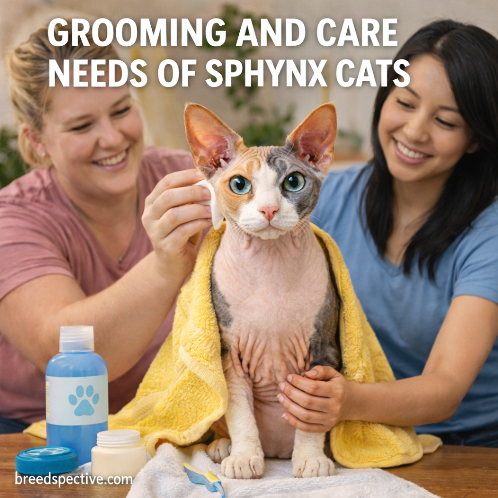 Sphynx cat being groomed by multiple people, demonstrating proper skin, ear, and nail care for Sphynx cats.