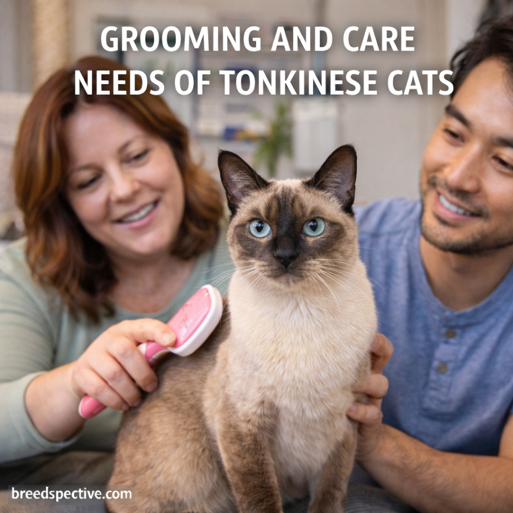 Tonkinese cat being gently groomed indoors, showing proper grooming and care routines.