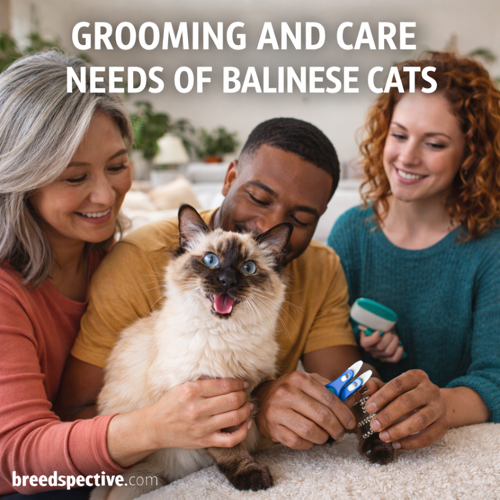Balinese cat being groomed indoors with owners, illustrating brushing, nail care, and daily grooming routines.
