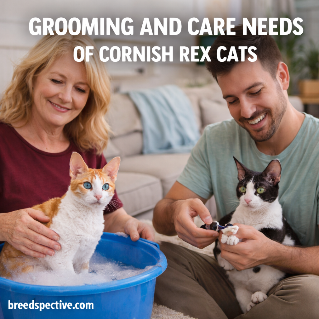 Cornish Rex cats being groomed indoors, showing proper coat care, nail trimming, and gentle handling.