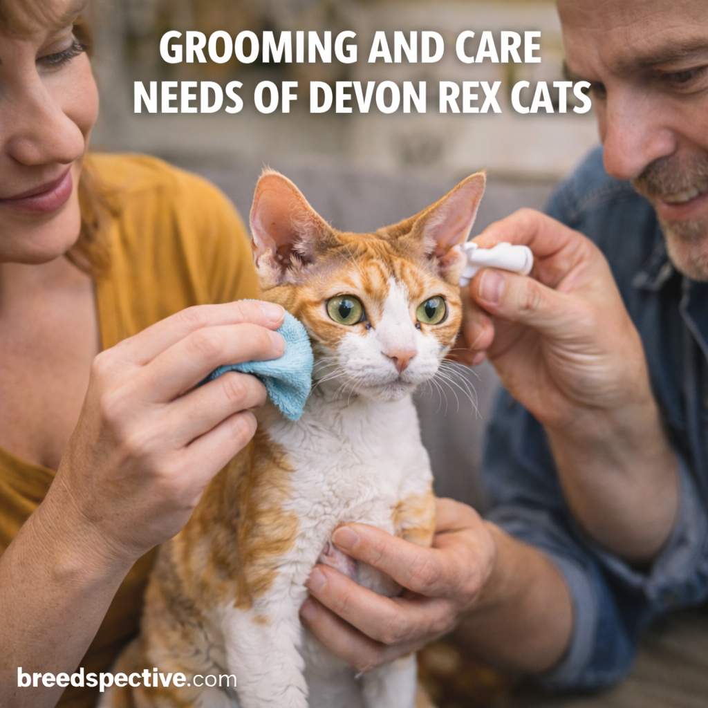 Devon Rex cat being gently groomed indoors, showing proper coat, ear, and skin care for the breed.