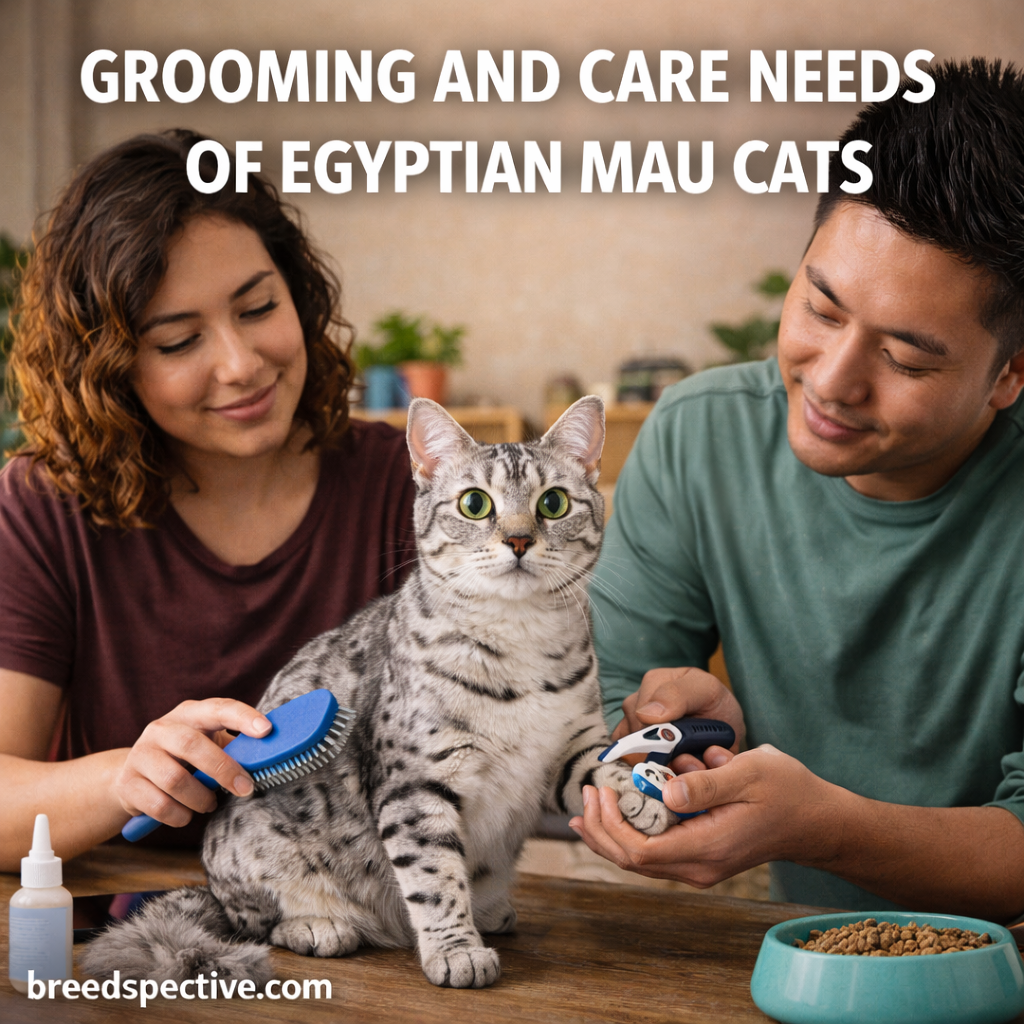 Egyptian Mau cat being gently groomed by owners indoors, showing brushing and nail care as part of routine feline care.