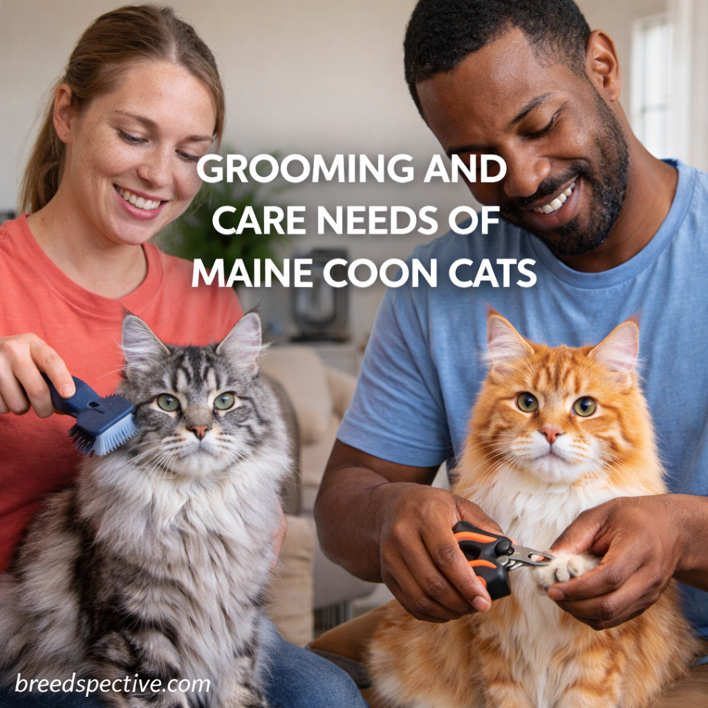 Two people grooming Maine Coon cats indoors, brushing fur and trimming nails, illustrating proper grooming and care needs for the breed.