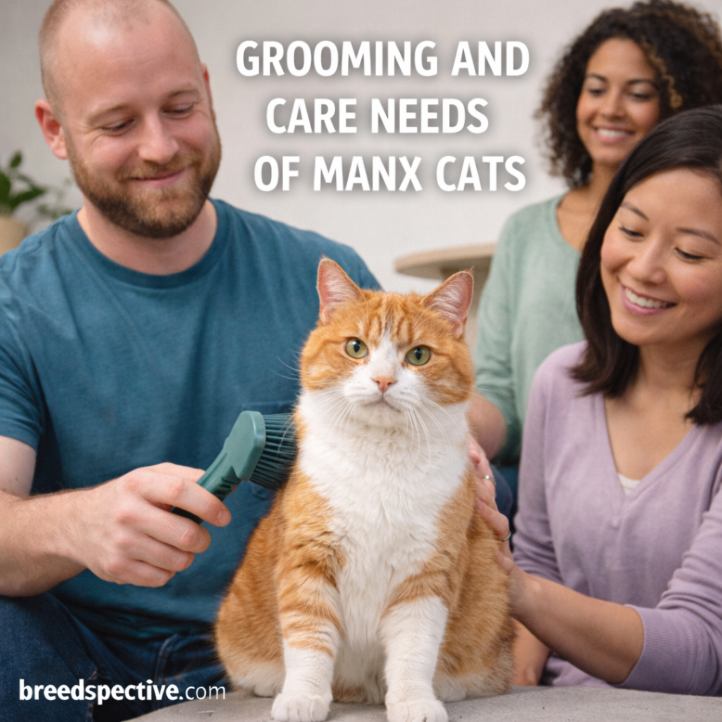 Manx cat being gently groomed indoors with people nearby, illustrating proper grooming and care routines.