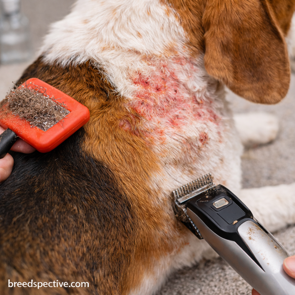 Dog with visible skin irritation caused by improper grooming tools and techniques.