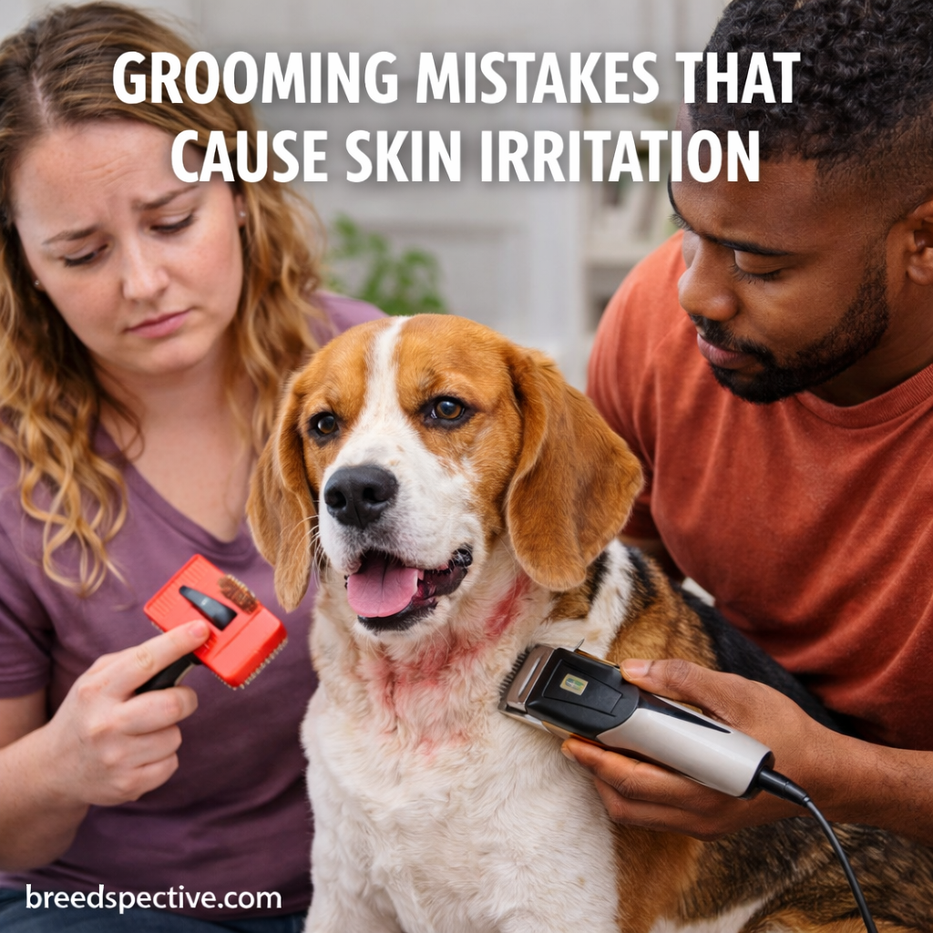 Dog experiencing skin irritation during improper grooming, illustrating common grooming mistakes that cause discomfort.