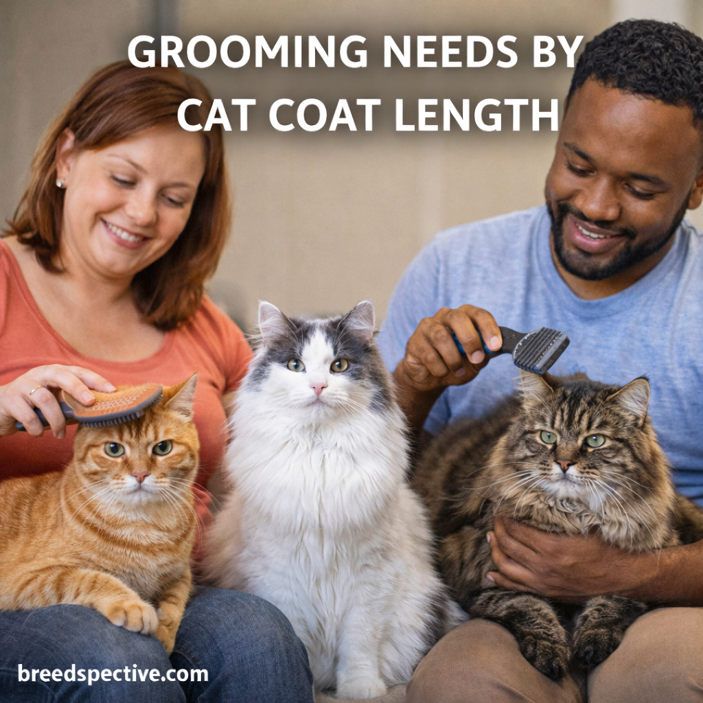 Cats with short, medium, and long coats being groomed by owners, illustrating different grooming needs by coat length.