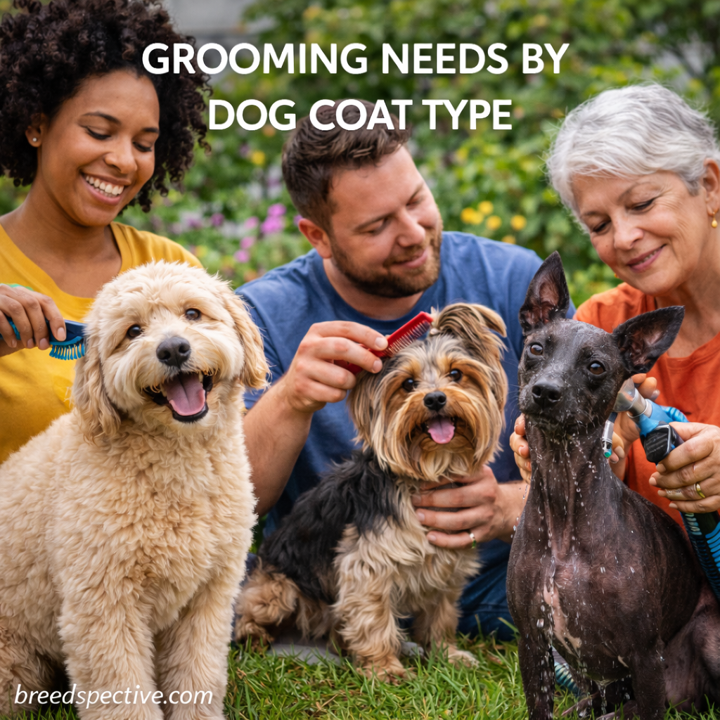 People grooming dogs with different coat types, including curly, long-haired, and hairless coats, demonstrating coat-specific grooming needs.