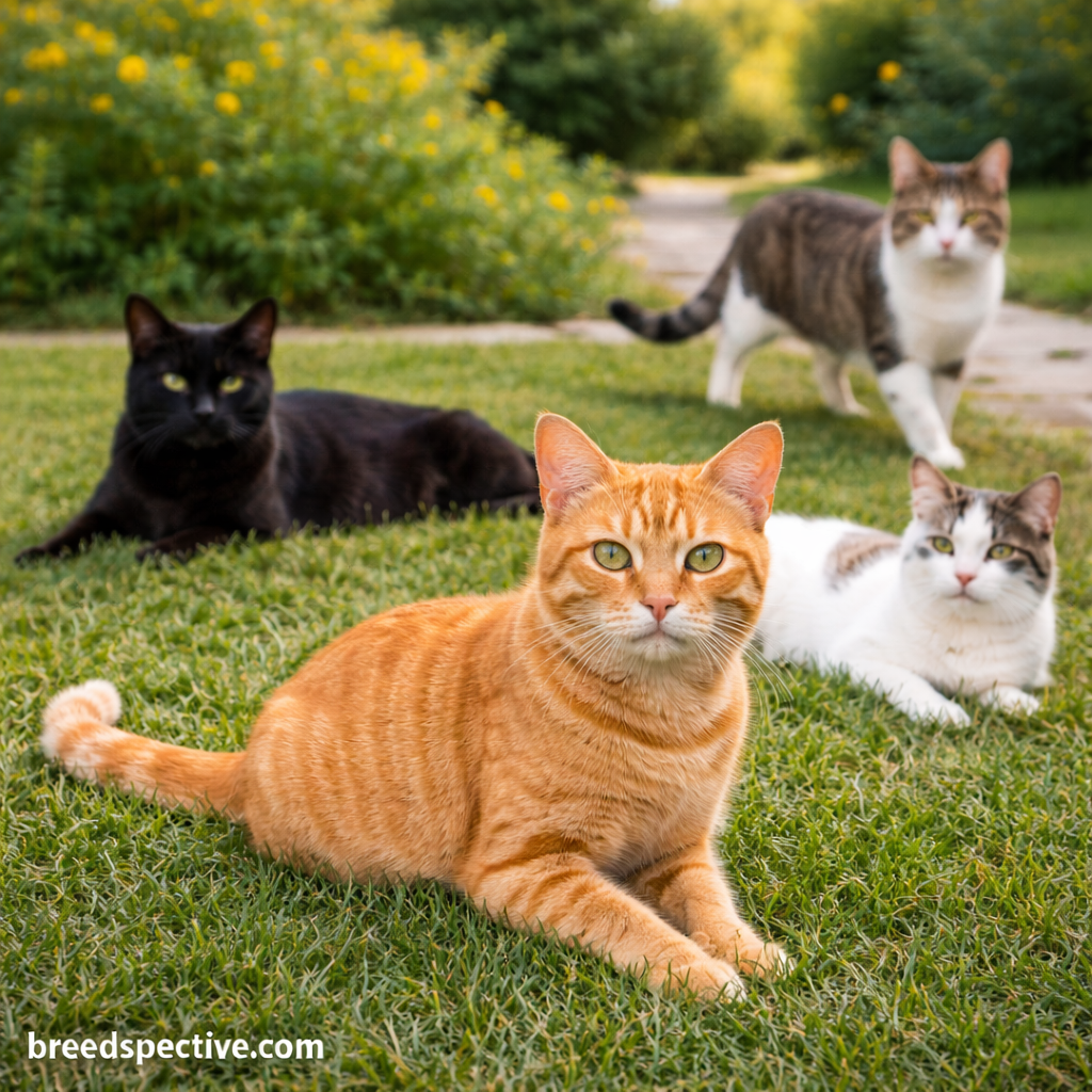 Short-haired cats of different ages relaxing and exploring outdoors, showing low-maintenance coat grooming needs.