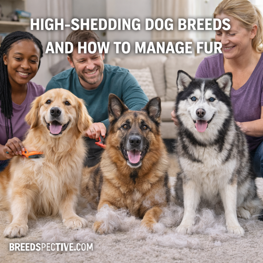 High-shedding dog breeds being brushed indoors by people, showing coat shedding and fur management.