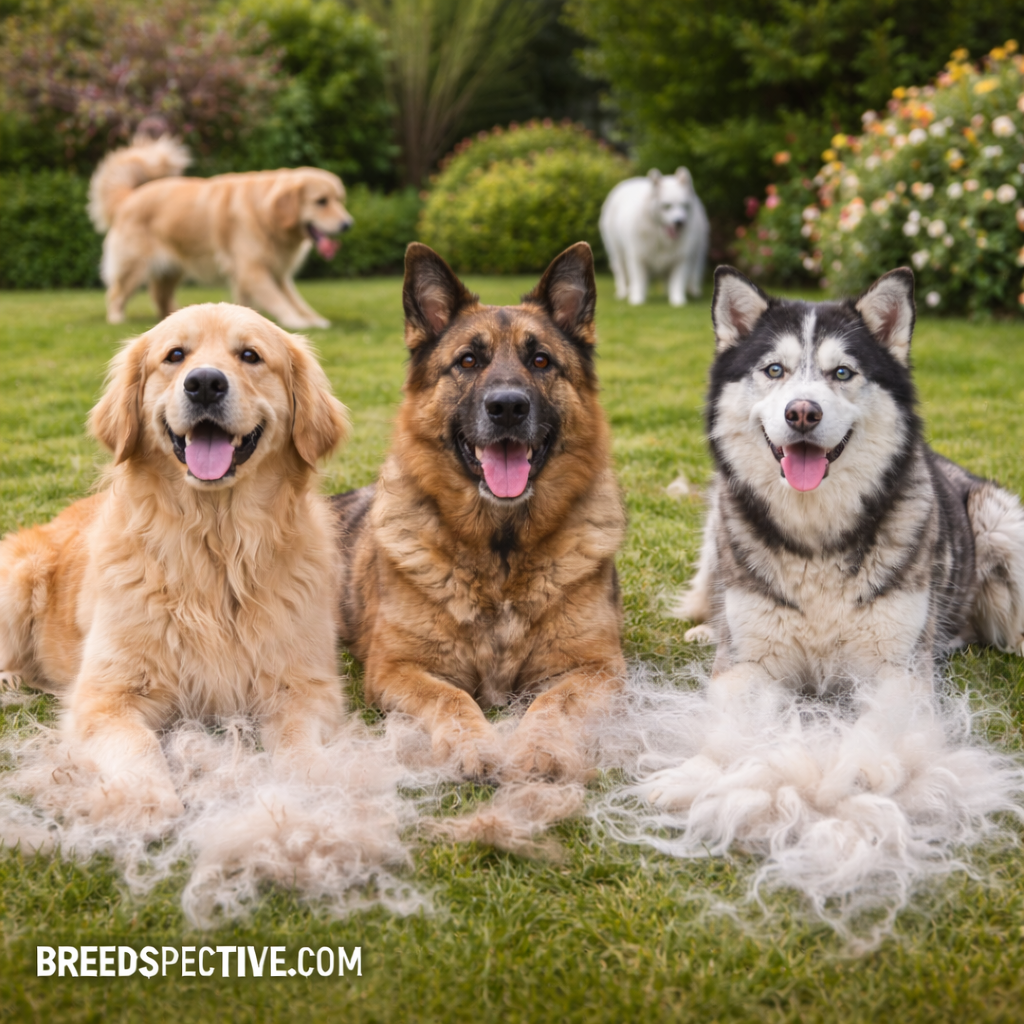 High-shedding dog breeds with loose fur visible outdoors, showing heavy shedding and double-coat fur release.