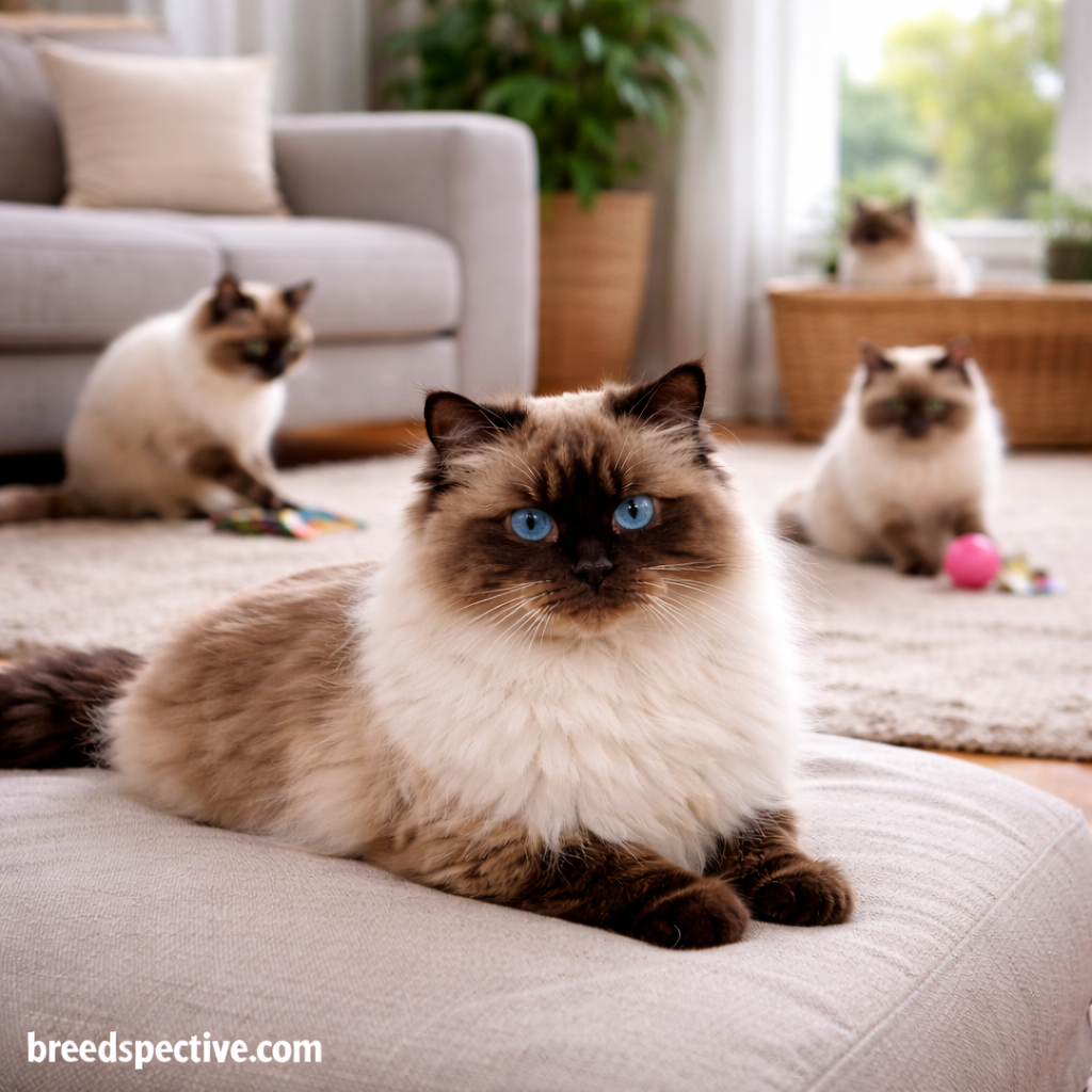 Himalayan cats of different ages indoors, illustrating early breed development and shared colorpoint traits.