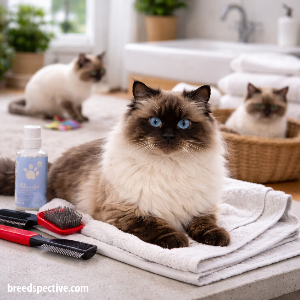 Himalayan cats of different ages in a grooming area, showing coat care tools and daily brushing needs.