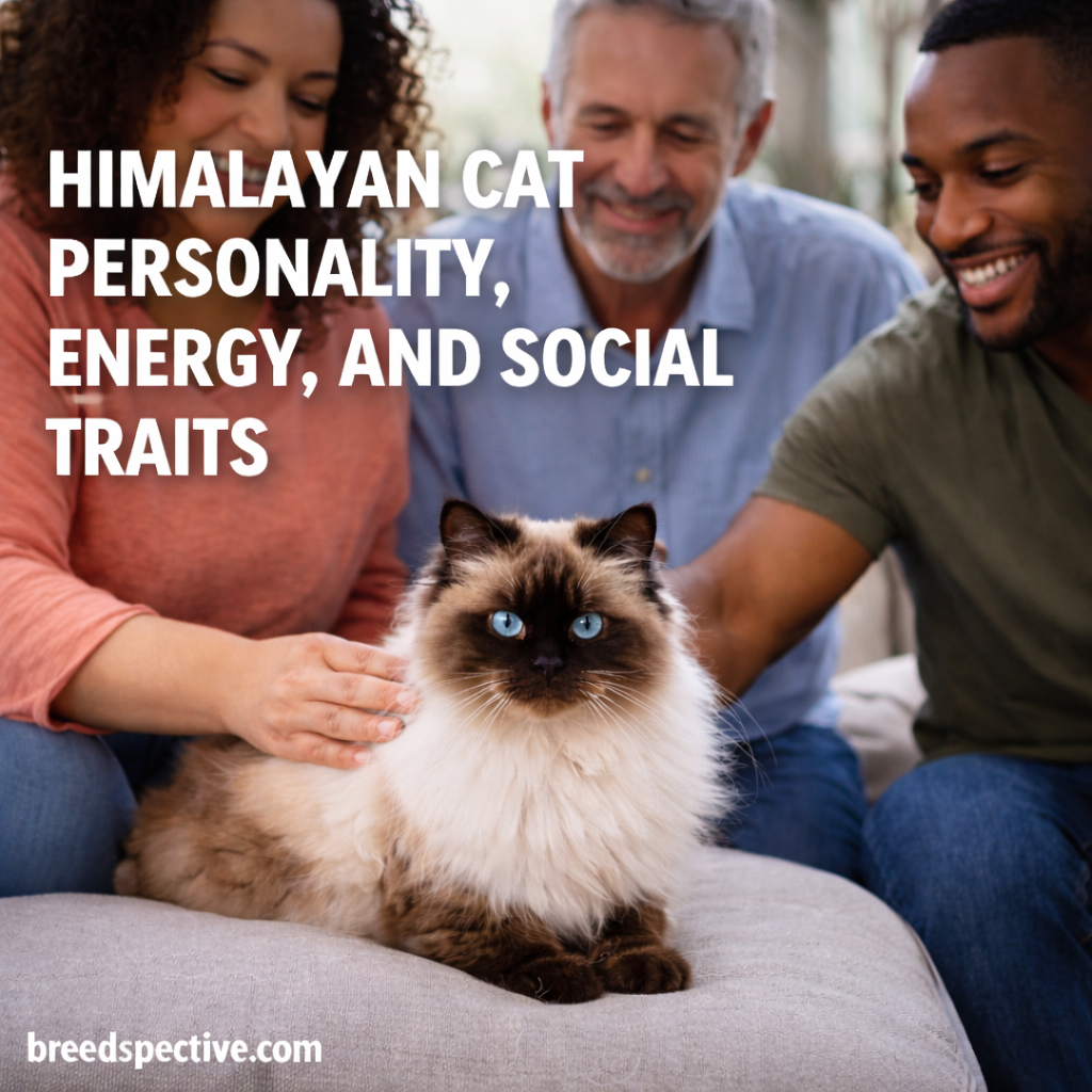 Himalayan cat with owners showing the breed’s calm personality, gentle energy level, and affectionate social traits.