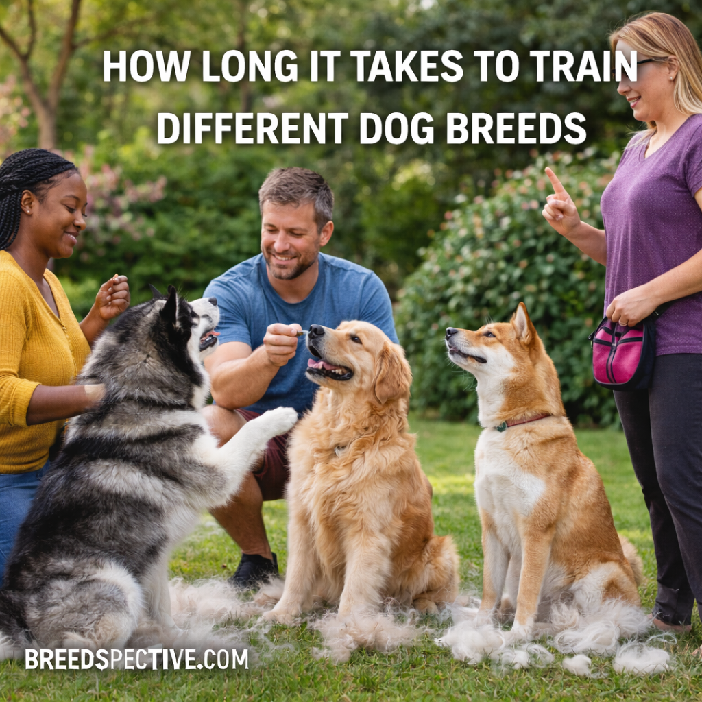 Different dog breeds training with people outdoors, showing varied learning speed, obedience, and training timelines.