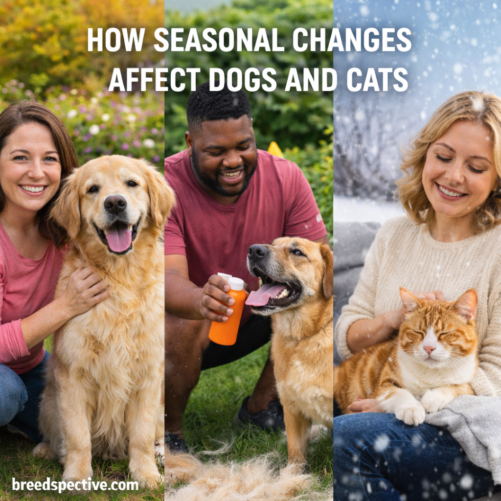 People with dogs and cats in different seasonal settings, showing how changes in weather affect pet behavior, care, and comfort.