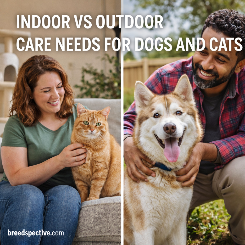 Indoor cat with owner and outdoor dog with owner, illustrating the different care needs of dogs and cats living indoors versus outdoors.