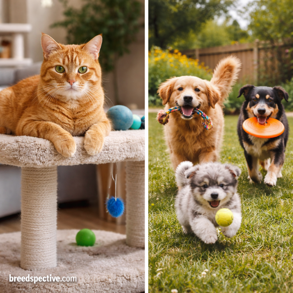 Indoor cat using a cat tree and toys contrasted with dogs playing fetch outdoors, showing different enrichment needs for indoor and outdoor pets.