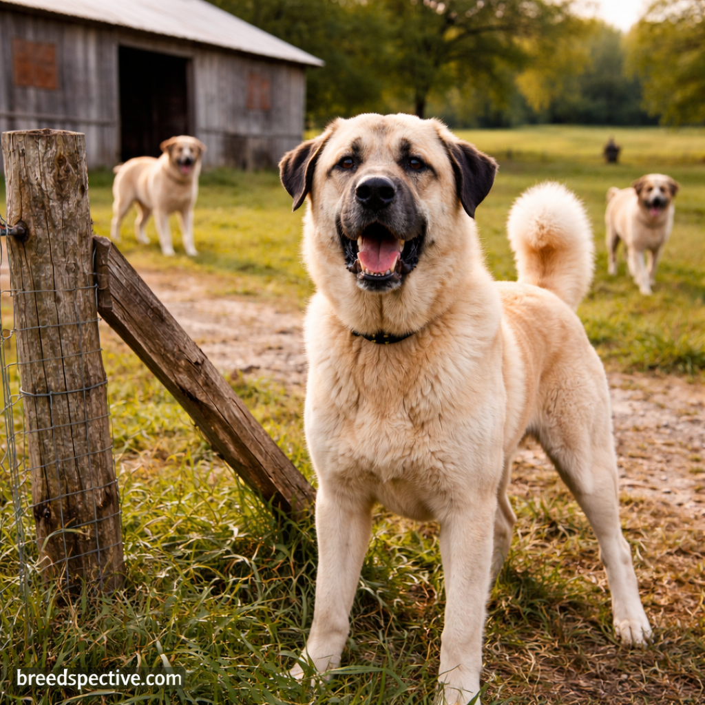 Kangal dogs patrolling and moving around a rural property, showing behavior linked to understimulation.