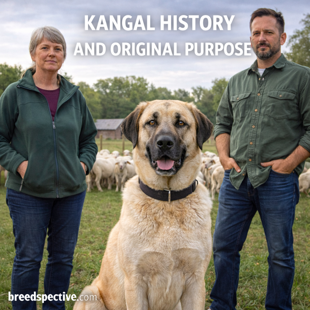 Kangal dog standing with owners in a rural setting, representing the breed’s history and original purpose as a livestock guardian.