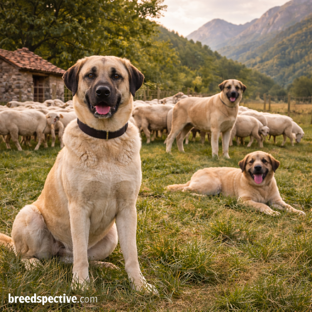 Kangal dogs guarding a flock of sheep in a mountainous rural setting, demonstrating the breed’s original livestock guardian role.