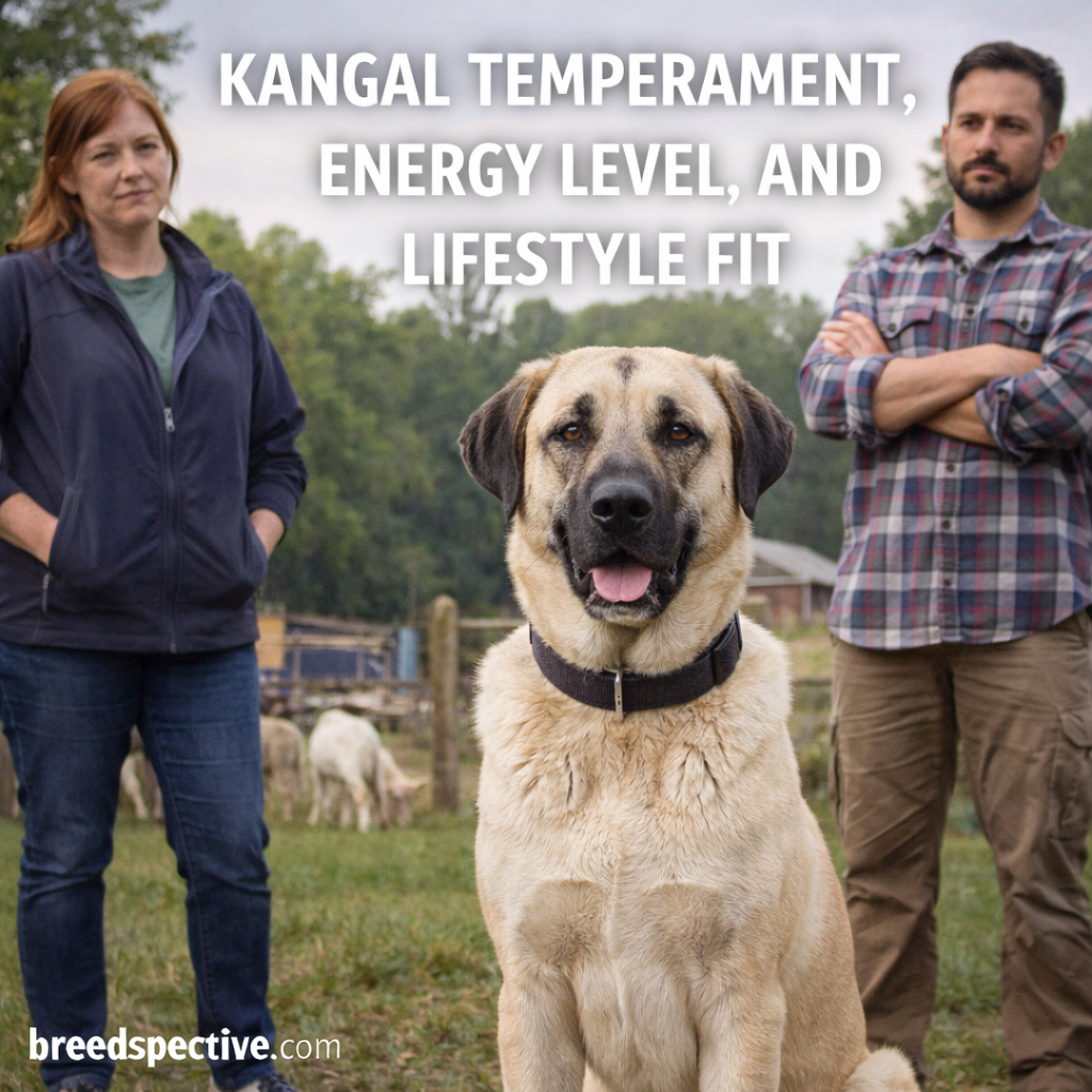 Kangal dog sitting on a rural property with owners, representing temperament, energy level, and lifestyle fit.