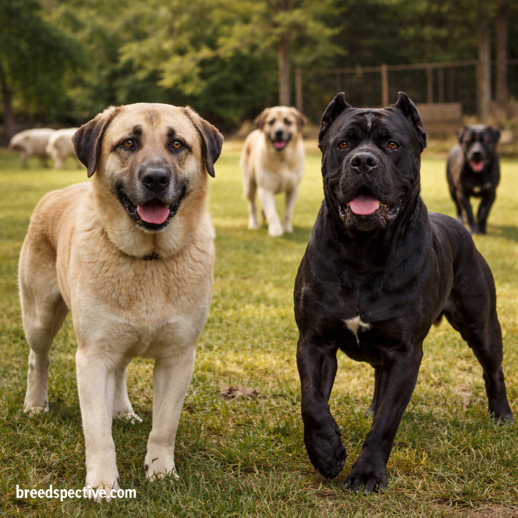 Kangal and Cane Corso dogs standing outdoors with others of the same breed in the background, illustrating differences in strength, build, and working purpose.