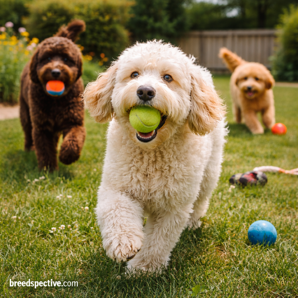 Labradoodle dogs of different ages playing fetch outdoors, showing the breed’s energetic and playful behavior.