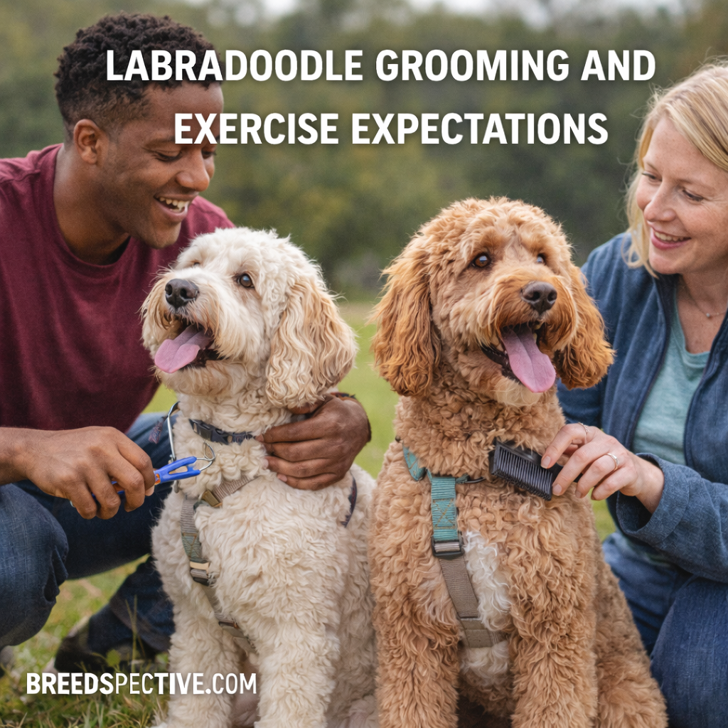 Labradoodles being groomed and brushed outdoors with people, illustrating coat care and exercise needs.