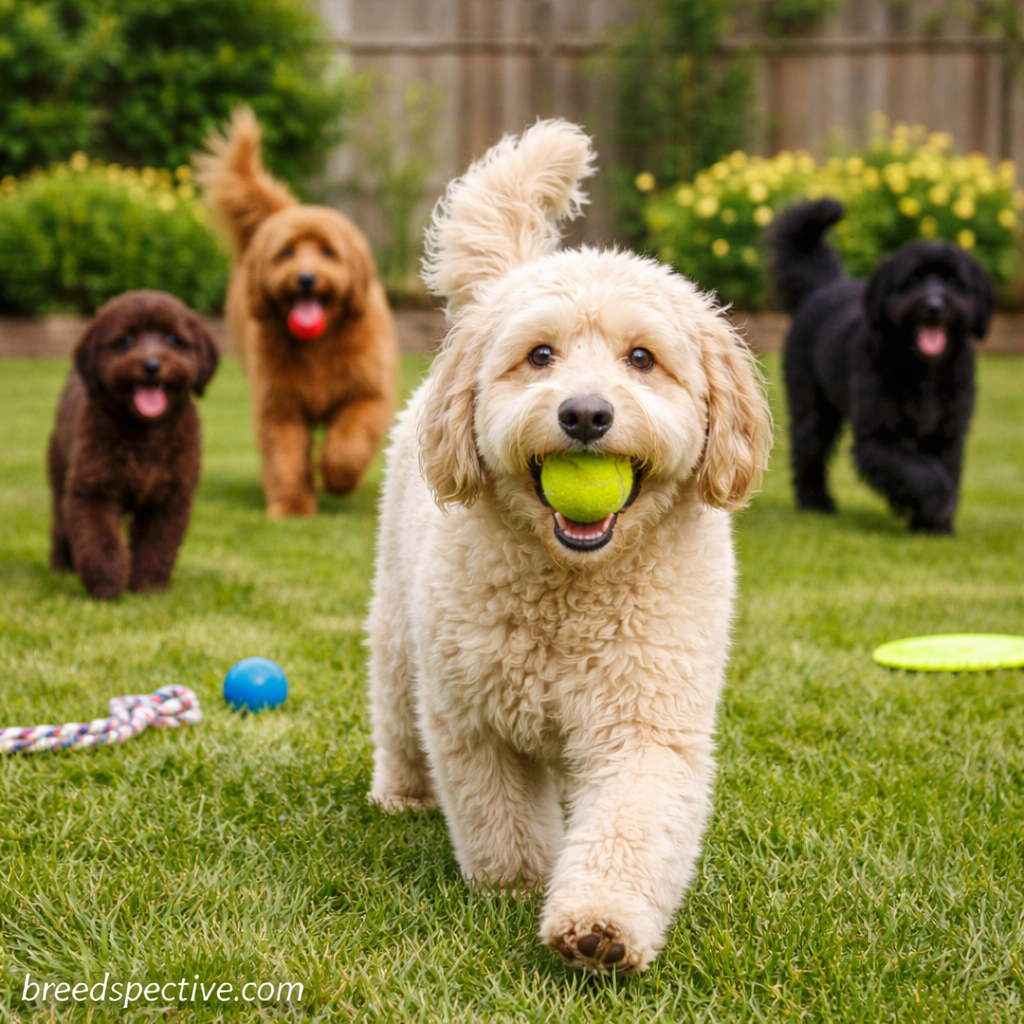 Labradoodles of different ages and coat colors playing fetch together in a backyard, showing the breed’s energetic and social temperament.