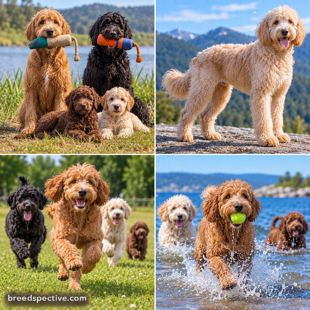 Labradoodles of different colors and ages retrieving toys, running, and playing near water, showing their athletic build and retriever heritage.