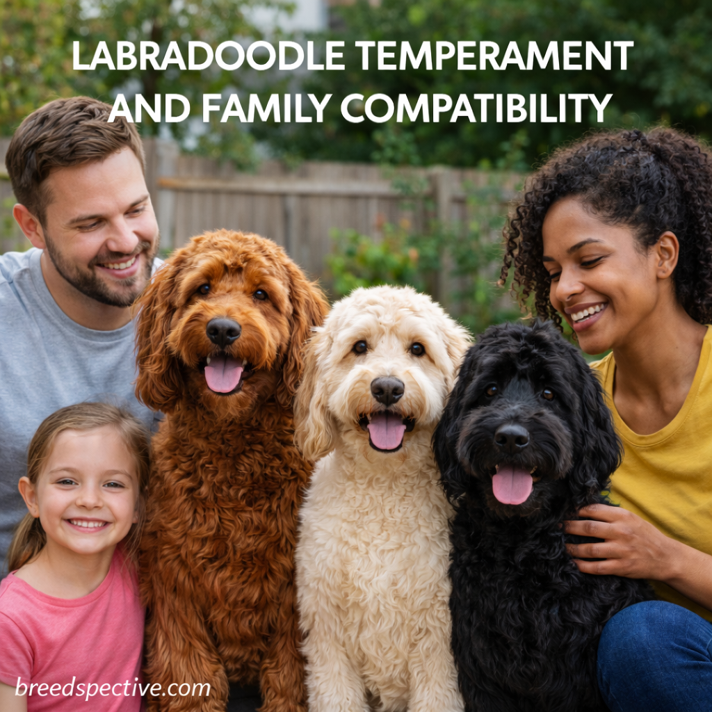 Labradoodles of different coat colors sitting with a diverse family outdoors, illustrating the breed’s friendly temperament and family compatibility.