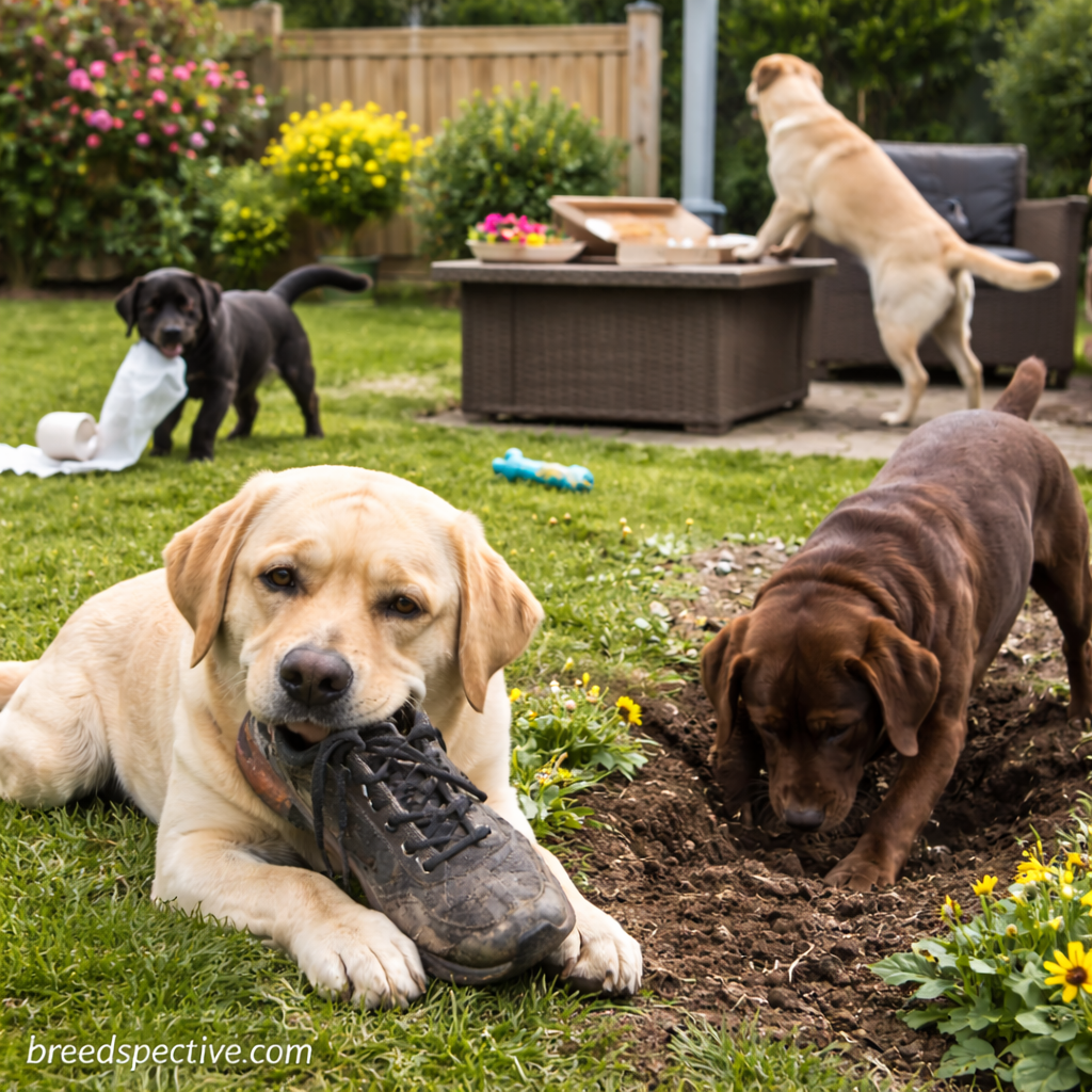 Multiple Labrador Retrievers of different colors and ages displaying common behavior issues such as chewing household items and digging in a backyard setting.