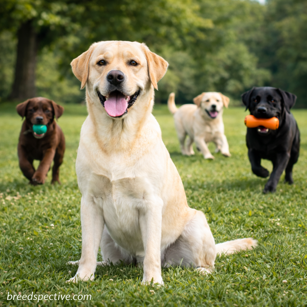 Adult yellow Labrador Retriever sitting in a grassy park with chocolate, black, and young Labradors playing fetch in the background.
