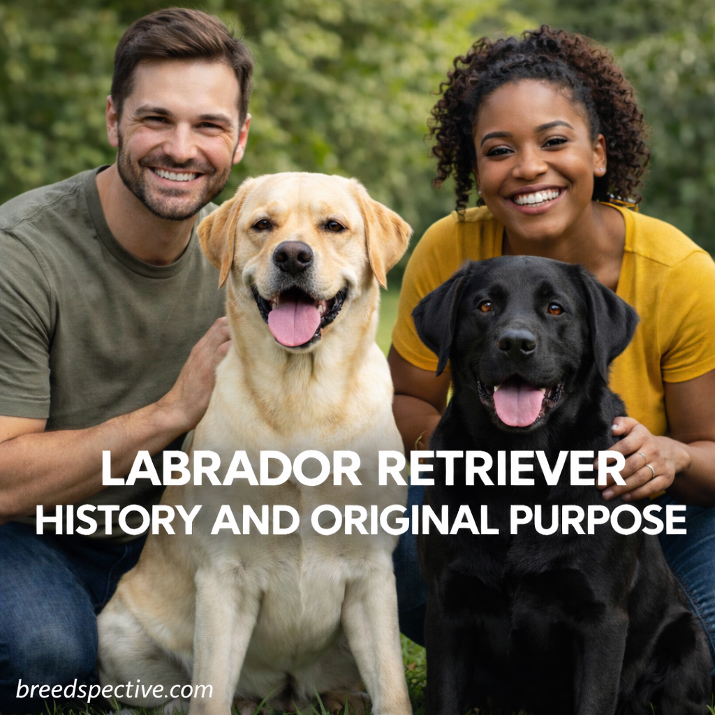 Two adults of different ethnic backgrounds with yellow and black Labrador Retrievers outdoors, illustrating the history and original purpose of the Labrador Retriever breed.