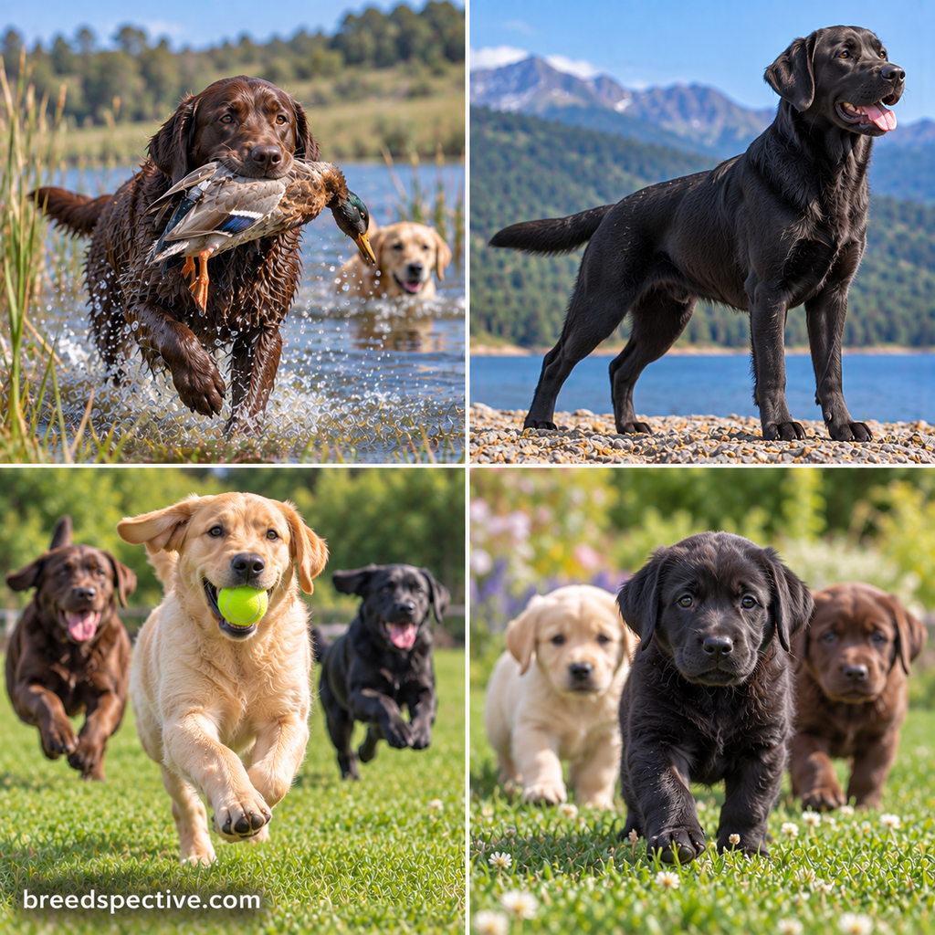 Labrador Retrievers retrieving waterfowl, displaying their athletic build, playing fetch, and running outdoors at different ages.
