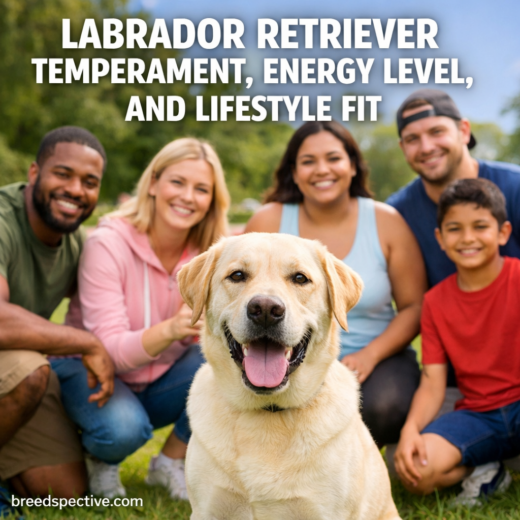 A happy Labrador Retriever sitting in front of a diverse family outdoors, representing Labrador Retriever temperament, energy level, and lifestyle fit.