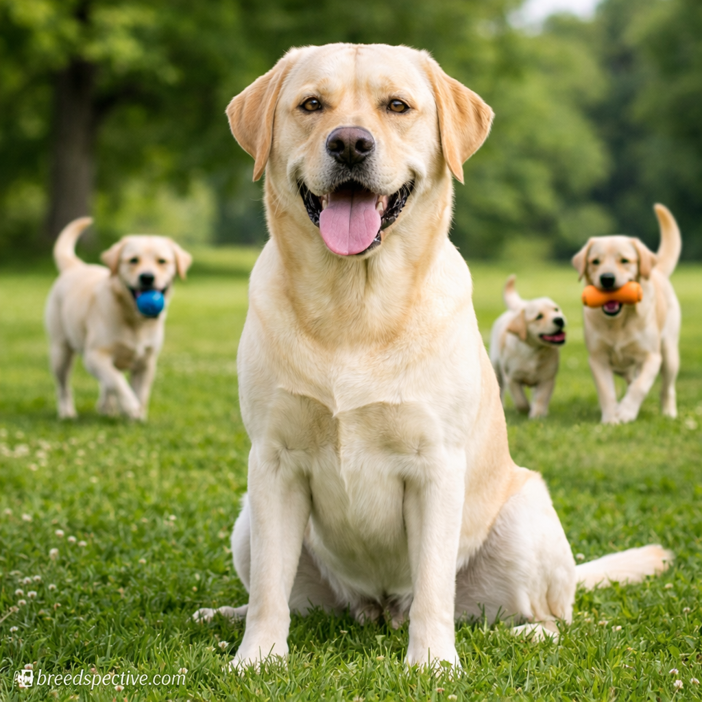 Adult Labrador Retriever sitting in a grassy park with younger Labradors playing fetch in the background, showing the breed’s friendly temperament and energetic lifestyle.
