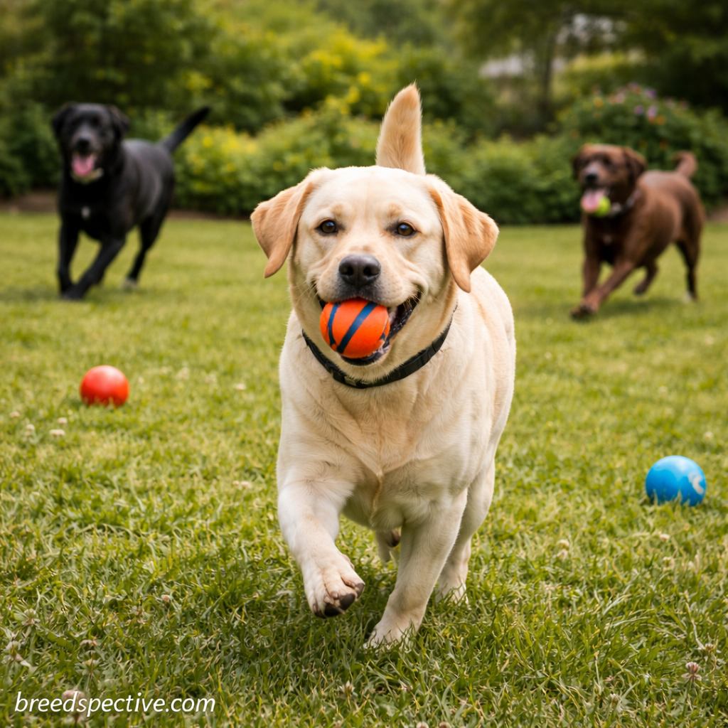 Labrador Retrievers of different ages and coat colors playing fetch together in a grassy park, demonstrating high energy and breed-driven training motivation.