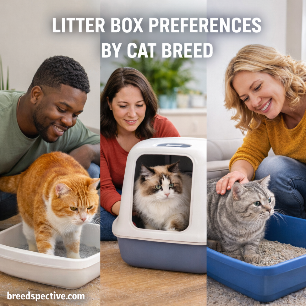 People assisting cats using different litter box styles, illustrating how litter box preferences vary by cat breed.