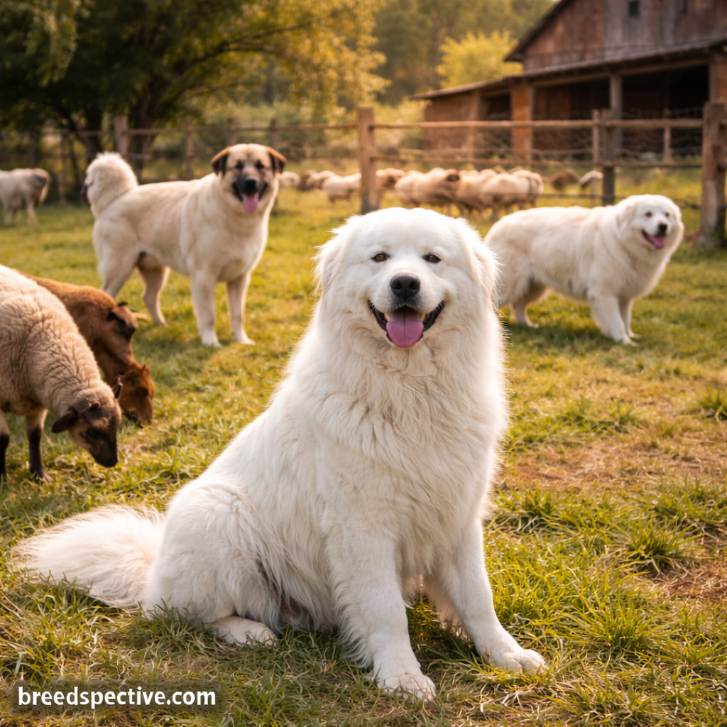 Livestock guardian dogs of different ages watching over sheep on a rural farm, demonstrating protective instincts and calm behavior.