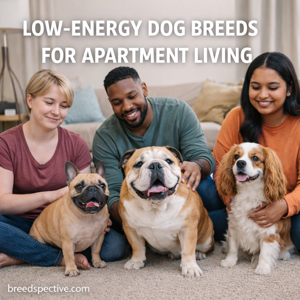 Low-energy dog breeds with owners sitting indoors, showing calm dogs suited for apartment living.