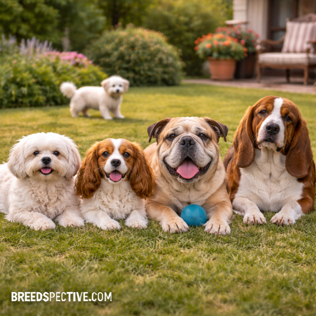Calm, low-energy dog breeds resting together in a garden, showing gentle temperaments ideal for seniors.