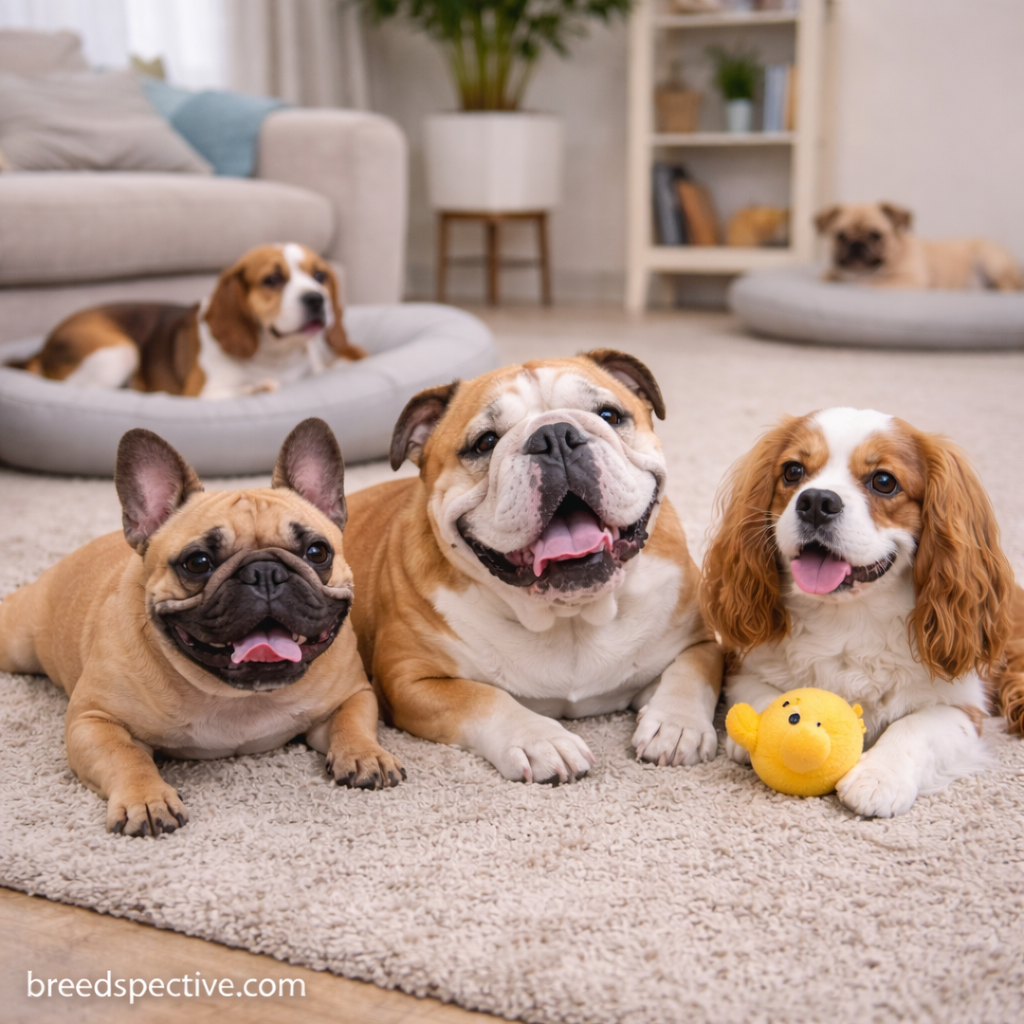 Low-energy dog breeds resting indoors, showing calm behavior well suited for apartment living.