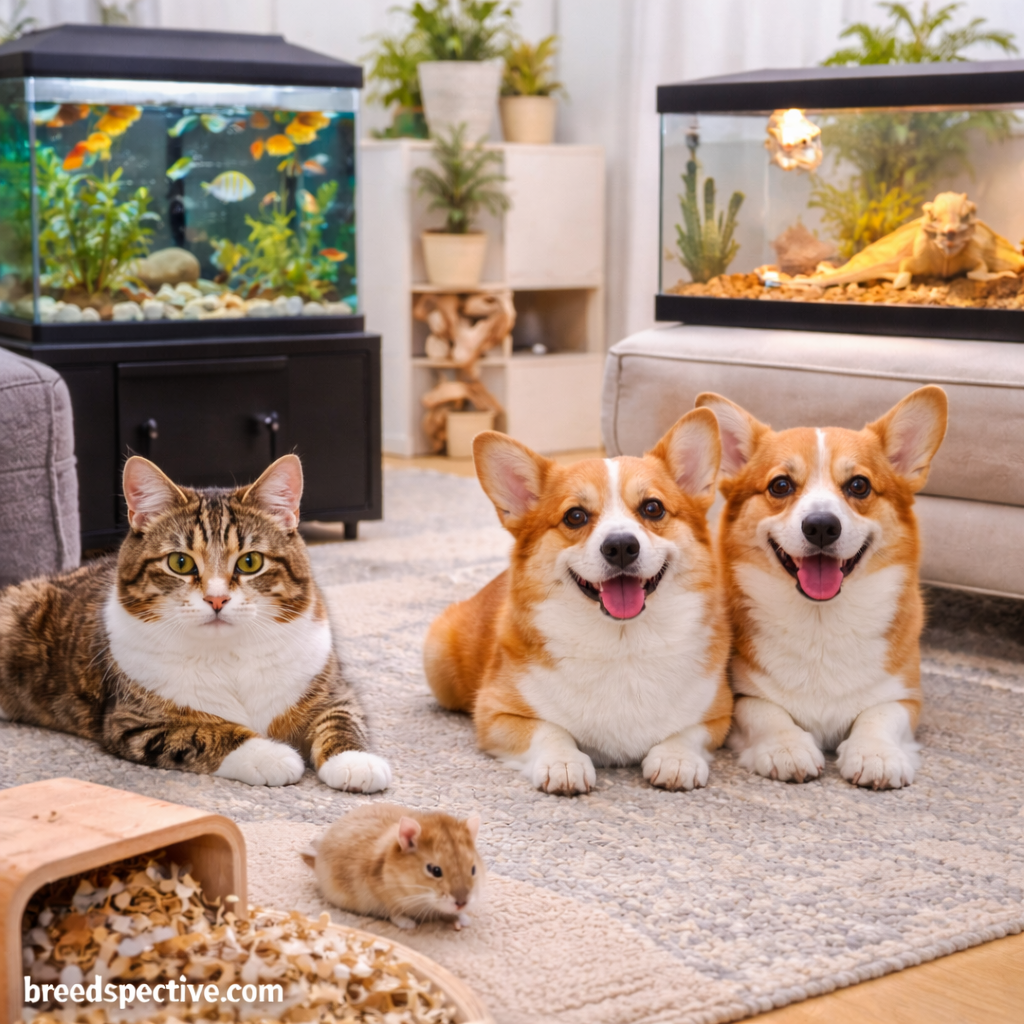 Low-maintenance pets including cats, dogs, small mammals, fish, and reptiles resting together indoors, suited for busy lifestyles.