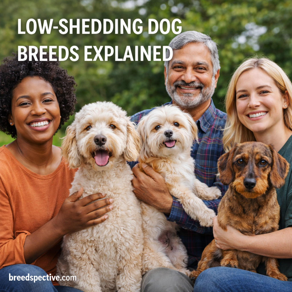 Low-shedding dog breeds pictured with owners, showing different coat types commonly associated with reduced shedding.