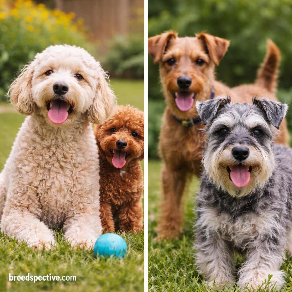 Low-shedding dogs with curly and wiry coats shown outdoors, illustrating coat types that shed less hair.