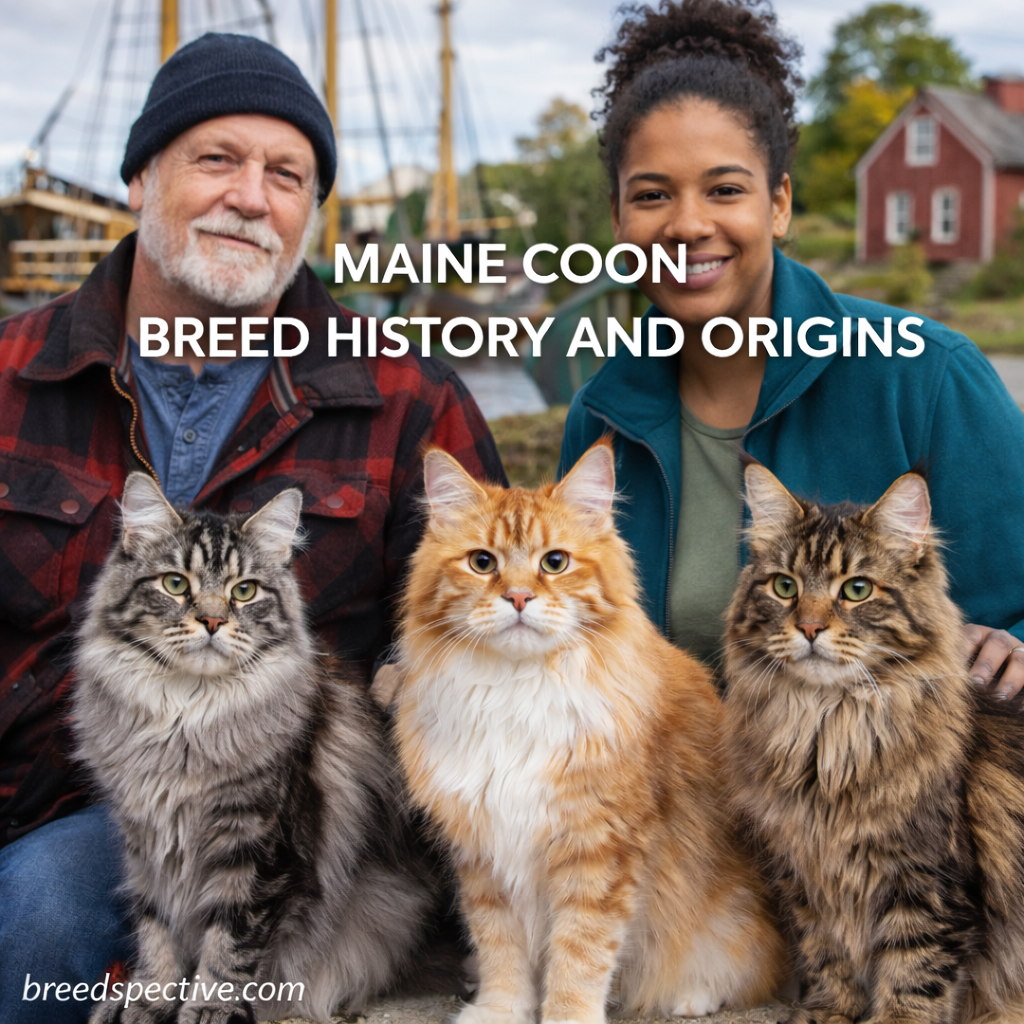 Three Maine Coon cats of different colors sitting outdoors with two people near a historic coastal setting, representing the breed’s origins and early working history.