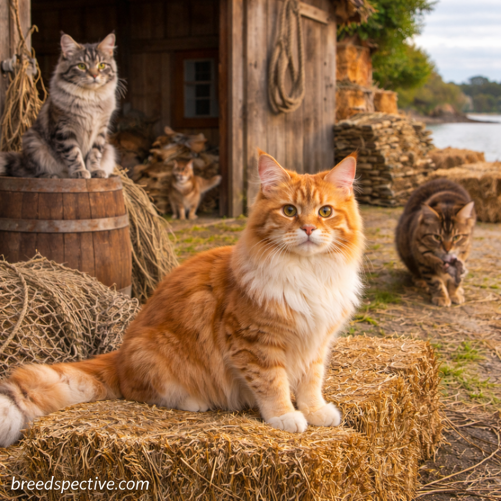 Maine Coon cats of different ages and colors gathered near a rustic coastal barn, reflecting the breed’s early working origins and natural environment.