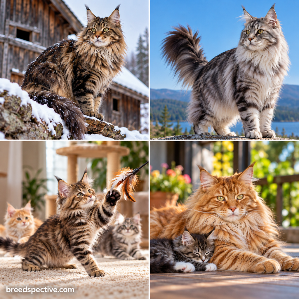 Maine Coon cats showing their large build, playful personality, long coat, and social behavior